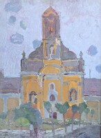 Szily Géza: Kecskeméti templom (Képcsarnokos olajfestmény) 1970-es évek - Piarista templom, épület