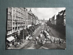 Képeslap,Csehország,Prága,villamos megálló,autó,Vencel tér,városi látkép,részlet,1959-