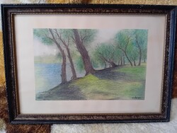 2601/5 Jelzett pasztell tájkép - Folyópart