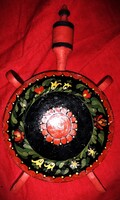 Antik 19. sz. vége kézzel faragott -festett fa dísz kulacs extrém ritka 20 x 12 cm a képek szerint