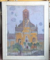 Szily Géza: Kecskeméti templom (Képcsarnokos olajfestmény) 1970-es évek - Piarista templom, épület