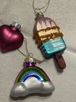 Retró üveg  karácsonyi dísz, 3 db. szív, jégkrém, szivárvány.