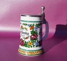 Régi német fedeles sörös korsó fél literes fedeles kupa fehér ÜVEG BMF Original W. Germany