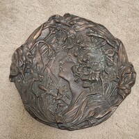 Antique Art Nouveau Gilded Plaster Wall Plaque with Figurative Female Motif Early 1900s