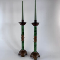 Olasz modernista masszív öntött bronz gyertyatartó pár zöld malachit dekor oszloppal, 1940–60 -1149