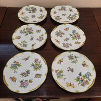 6 db Herendi Viktória mintás porcelán lapostányér, lapos tányér készlet