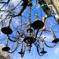 Antique 6-arm bronze candle holder chandelier, electrified cast iron Biedermeier Flemish garden decor