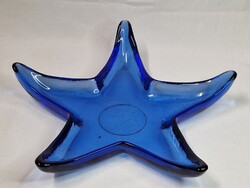 Különleges csillag formájú kék színű vastag falú dísz üveg kínáló hibátlan állapotban 27 cm átmérőjű