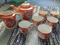 Teljes készlet, lüszter mázas régi zsolnay teáskészlet, zsáner jelenetes