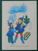 Karácsonyi Képeslap: gyerekek szánkóval;  Kecskeméty Károly rajza, 10476/723