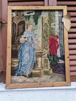 Antik kb 100 éves szövött gobelin jelenet kép vakràmàn szines enteriőr jelenet