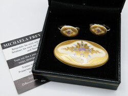 K391 Vintage Michaela Frey aranyozott tűzzománc bross és fülbevaló szett