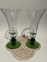 Pair of elegant acid-etched glass vases – with poison green base – 25 cm – 1960s