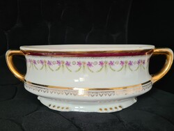 Antik aranyozott szecessziós ovális kétfüles porcelán levesestál kedves ibolya mintás