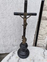 Antik Biedermeier asztali Kereszt korpusz, feszület  Bronz szobor Szűz Mária Jézus Krisztus,