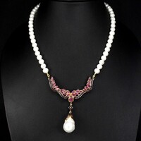 Pearl Necklace Collier with Gold-Plated Silver Setting and Rubies