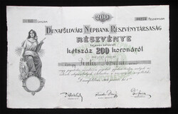Dunaföldvári Népbank Részvénytársaság részvény 200 korona 1904 - Dunaföldvár