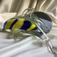 Murano Olasz Üveg szobor Levélnehezék Kézműves kék sárga tengeri hal Glass