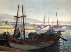TAVASZI AKCIÓ! EREDETI CSODÁS BÁNÓ ENDRE / 1921-1992 / : HALÁSZBÁRKÁK 1956