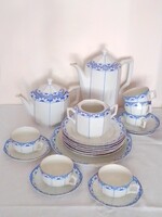 Antik art deco hat személyes teás kávés süteményes kék fehér arany porcelán készlet csésze tányér