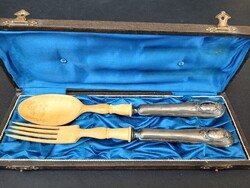 NEMESI CÍMERES ANTIK EZÜSTNYELŰ CSONTFEJŰ SZEDŐKÉSZLET