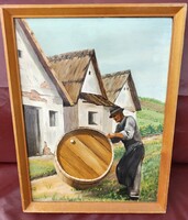 Szüret előtti hordó mosás - festmény