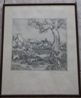 Badacsonyi Sándor fekete fehér rézkarc - Vadászok -Vadász jelenet