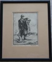 Komjáti-Wanyerka Gyula fekete fehér rézkarc - Vadász jelenet