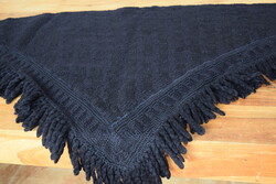 Antik régi népi vastag gyapjú kendő vállkendő BERLINER népviselet viselet sötétkék 197 + rojt