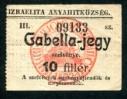 Debreceni izraelita hitközség 10 fillér gabella jegy