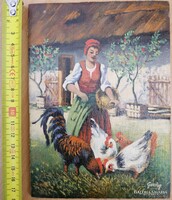 Gazdag József - Tyúkok etetése olajfestmény