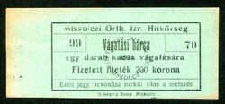 Miskolci Ortodox Izraelita Hitközség 1924 200 Korona vágatási jegy