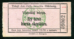 Tokaj izraelita hitközség kacsa vágatási jegy