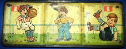 Vintage iskolai vízfesték fém lemez doboza vidám focis jelenetekkel illusztrálva a képek szerint