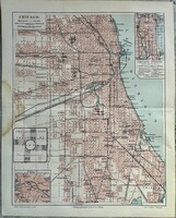 Antik eredeti 1893 19.sz Chicago térkép litográfia- földrajz, USA, Amerika, város, plakát