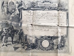 1896-os Magyar Királyi Honvédségi Végelbocsátó Levél – díszes, litografált,nagyméretű katonai okirat