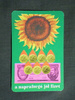 Kártyanaptár,OTP takarékpénztár,grafikai,napraforgó,papírpénz,fémpénz,1976