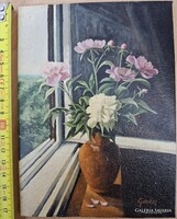 Gazdag József - Virág csendélet ablakban 2004 olajfestmény