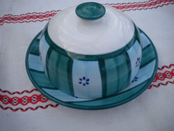 Kerámia sajt, vaj, bármi tartó, türkíz csíkos, virágos