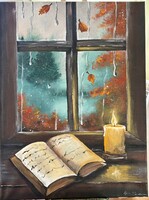 Akril festmény - Őszi csend az ablak mögött