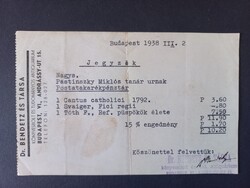 1938-as könyvszámla / jegyzék – Dr. Bende könyvkereskedés, Budapest