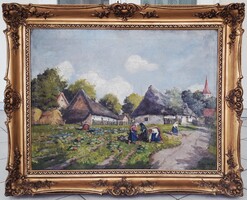 Berkes Ili (1883-?) Falusi udvar 1928 nagyméretű festmény