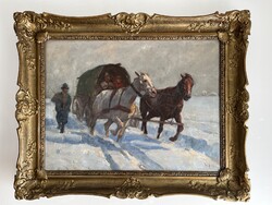 VISKI JÁNOS PAINTING, HORSE-DRAWN SLEIGH IN WINTER