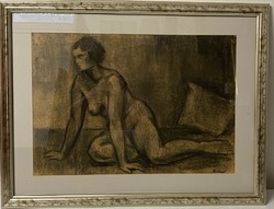 Loydl Béla: Térdelő akt (szénrajt)