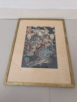 Antik Japán fametszet szamuráj életkép motívum keretben fa metszet 345 6239