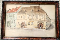 Cca. 1928 HOLCZWART LAJOS : VÁRNEGYED BÉCSI KAPU TÉR BUDAPEST AKVAREL FESTMÉNY + KORABELI KERET
