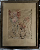 Csendélet, ismeretlen művész, akvarell papíron, sérüléssel is szép, kvalításos alkotás