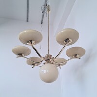 Art deco 6 karos - 7 égős nagy méretű réz csillár felújítva - krémszínű ernyők - Lampart