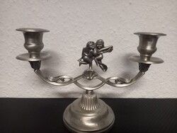 Puttós ón kétkarú gyertyatartó – vintage romantikus dekoráció (Vintage Pewter Cherub Candle Holder)