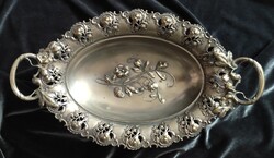 Antik tál kínáló talptas asztalközép (WMF) gyönyörű ezüstözött ritkaság jelzett dombor virág mintás